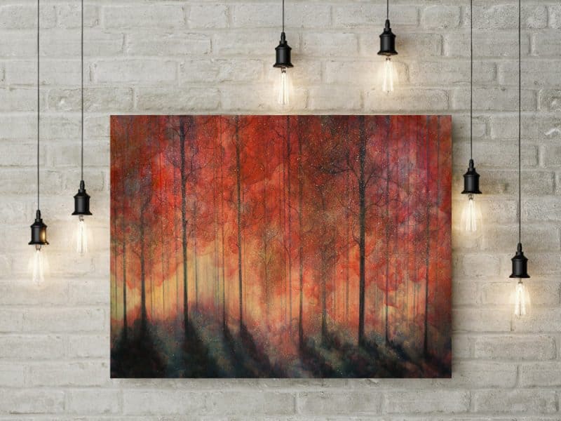 forest art, red tree art, backlit forest