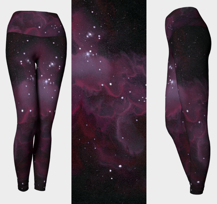 Purple Blue Abstract Alien Galaxy Print Mesh Pocket Leggings, L